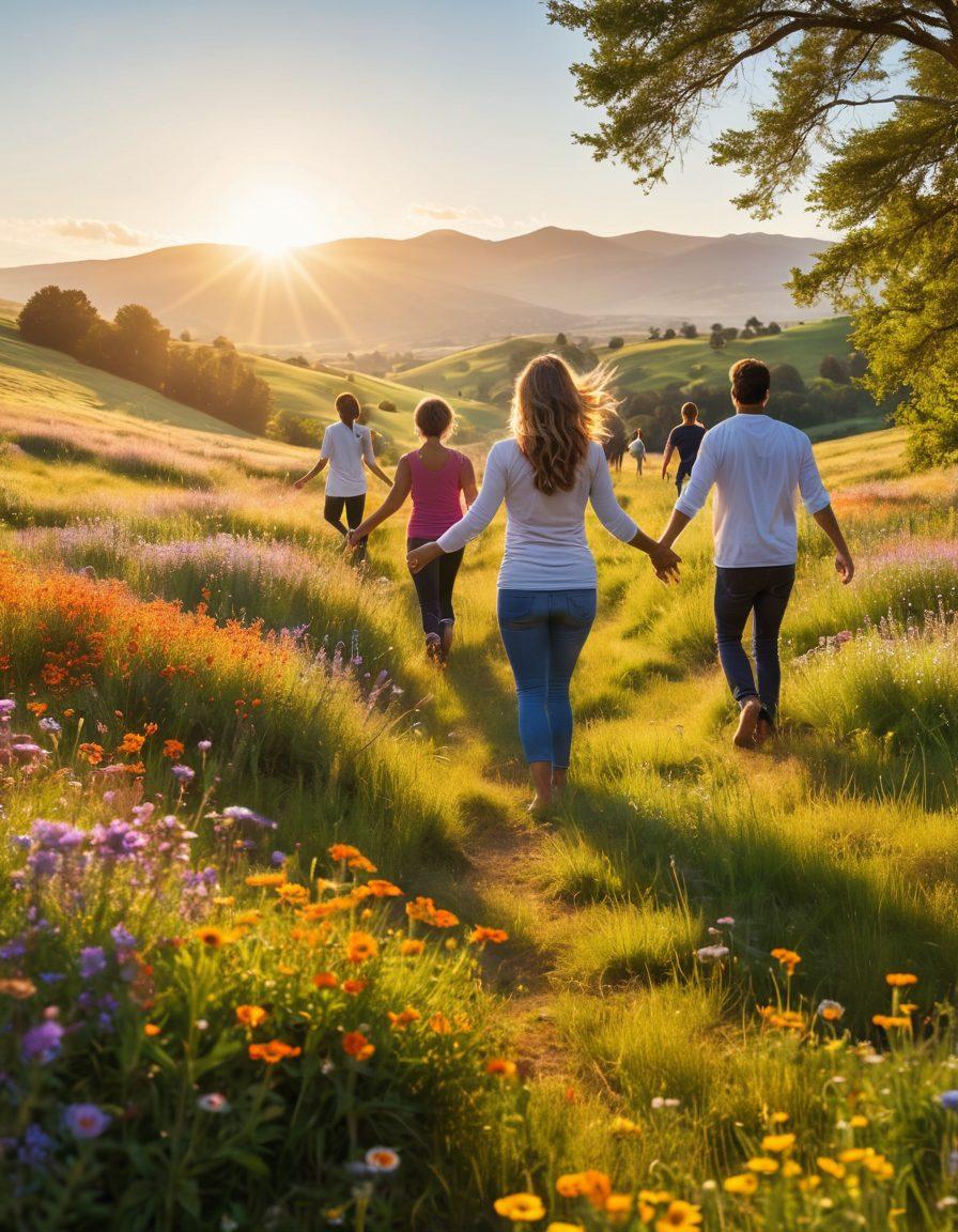 A serene landscape featuring a sunlit meadow filled with vibrant wildflowers, symbolizing joy and positivity, with gentle rolling hills in the background. Include a diverse group of people engaging in uplifting activities like dancing, practicing yoga, and sharing laughter, representing community and happiness. Gentle rays of sunlight illuminate the scene, enhancing the feeling of warmth and comfort. super-realistic. vibrant colors. soft focus.