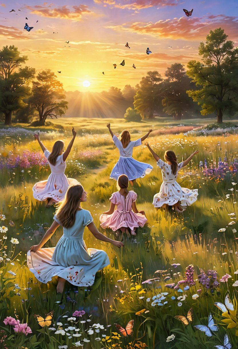 A serene landscape featuring a radiant sunrise over a meadow filled with blooming flowers, where diverse people are joyfully engaging in various activities like dancing, laughing, and meditating. The scene should evoke warmth and happiness, with soft, golden light illuminating their faces. Include elements of nature like butterflies and birds to symbolize freedom and euphoria. pastel colors. super-realistic. uplifting atmosphere.