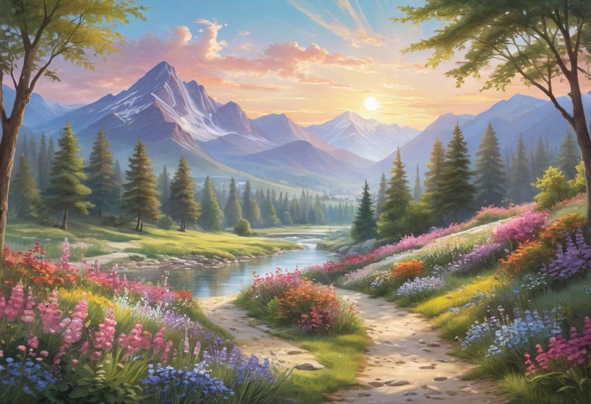 A serene landscape transitioning from a bustling cheerful city to a tranquil nature scene, showcasing vibrant flowers blooming in front, gentle streams flowing, and calming mountains in the background. Soft rays of sunlight illuminating the path that leads from the city to nature, representing a journey of optimism and tranquility. pastel colors. dreamy style.